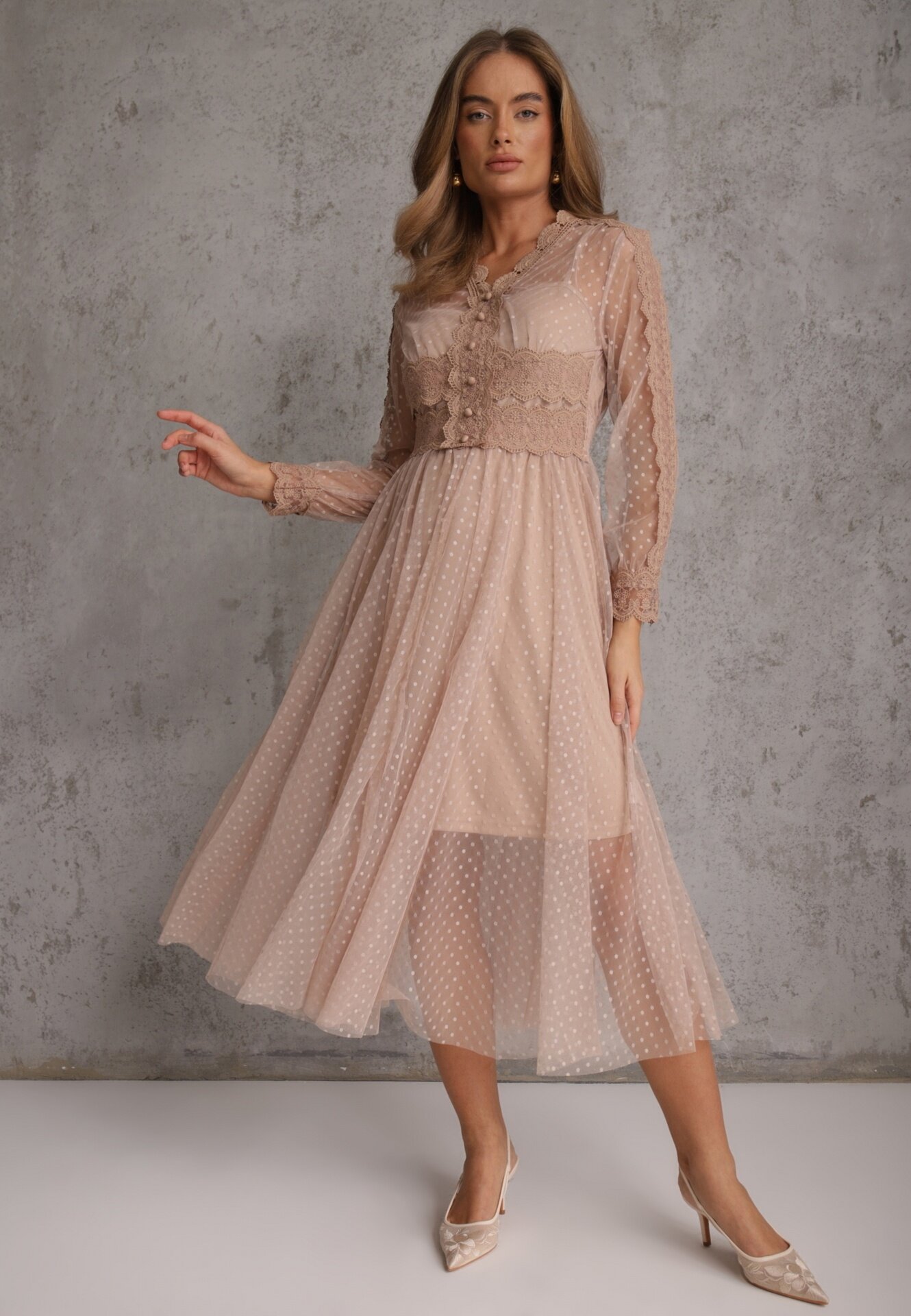 elsa.m by may Rochie bej evazată midi din tul cu dantelă Rislaine
