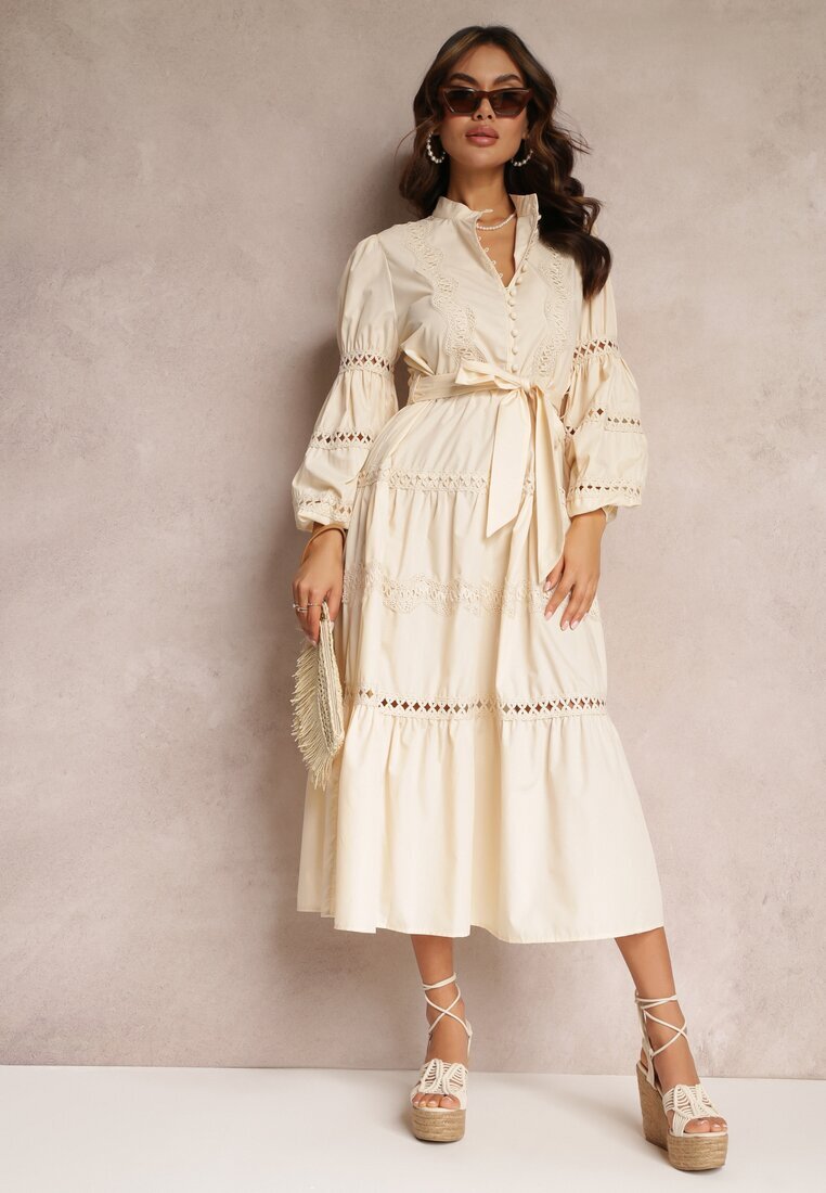 elsa.m by may Rochie Bej Midi cu nasturi și dantelă Feralo