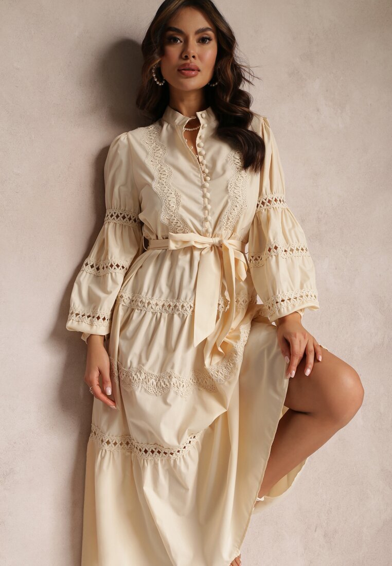 elsa.m by may Rochie Bej Midi cu nasturi și dantelă Feralo