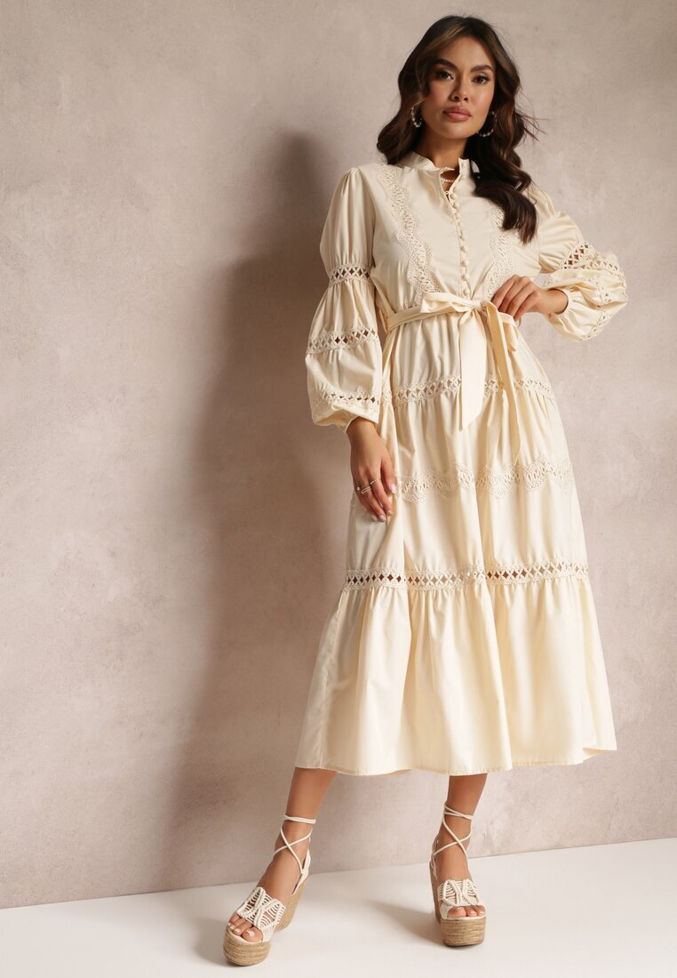 elsa.m by may Rochie Bej Midi cu nasturi și dantelă Feralo