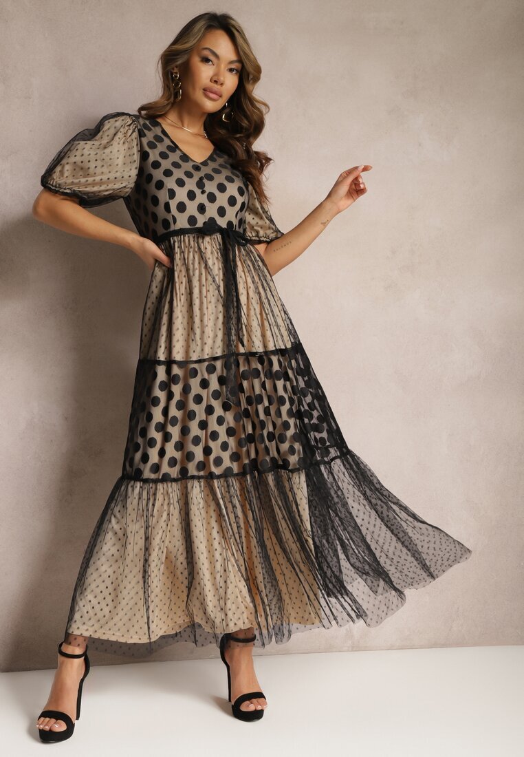 elsa.m by may Rochie Bej-Neagră Maxi De tul Cloș Cu cordon și mâneci bufante Bervilla