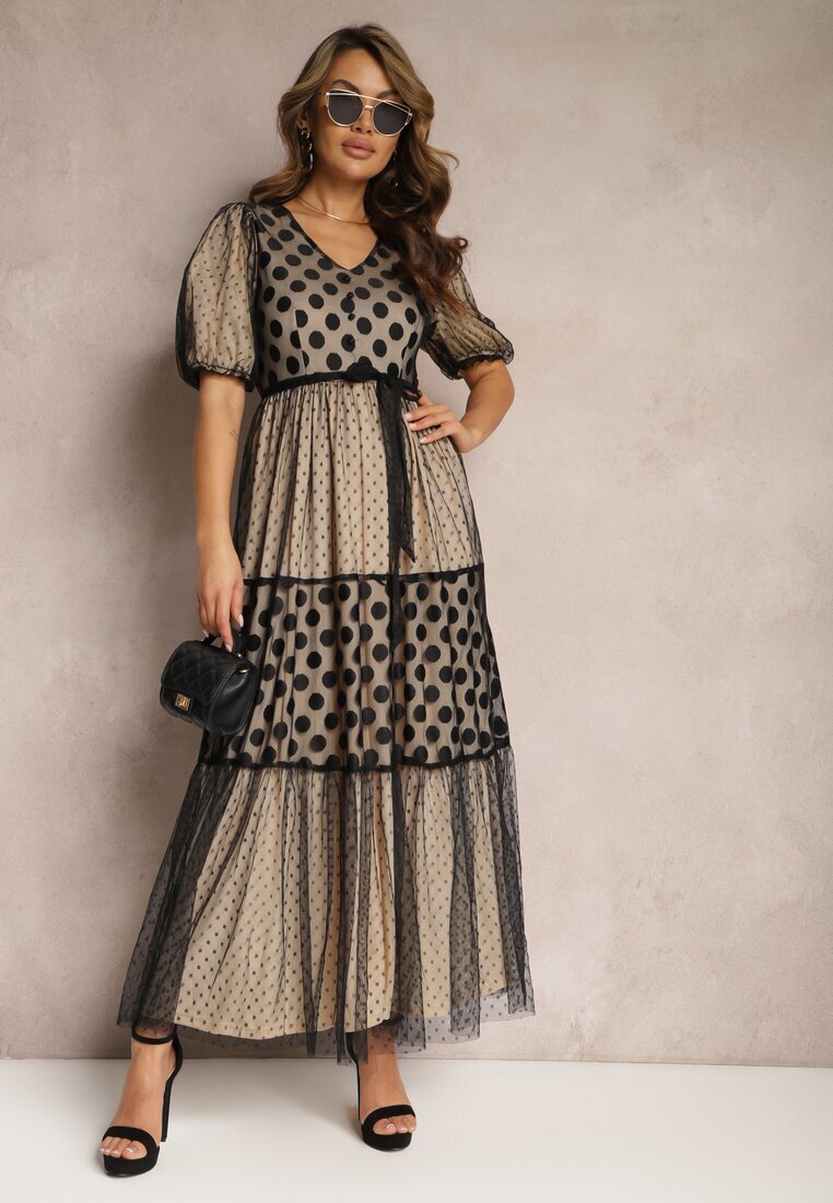 elsa.m by may Rochie Bej-Neagră Maxi De tul Cloș Cu cordon și mâneci bufante Bervilla