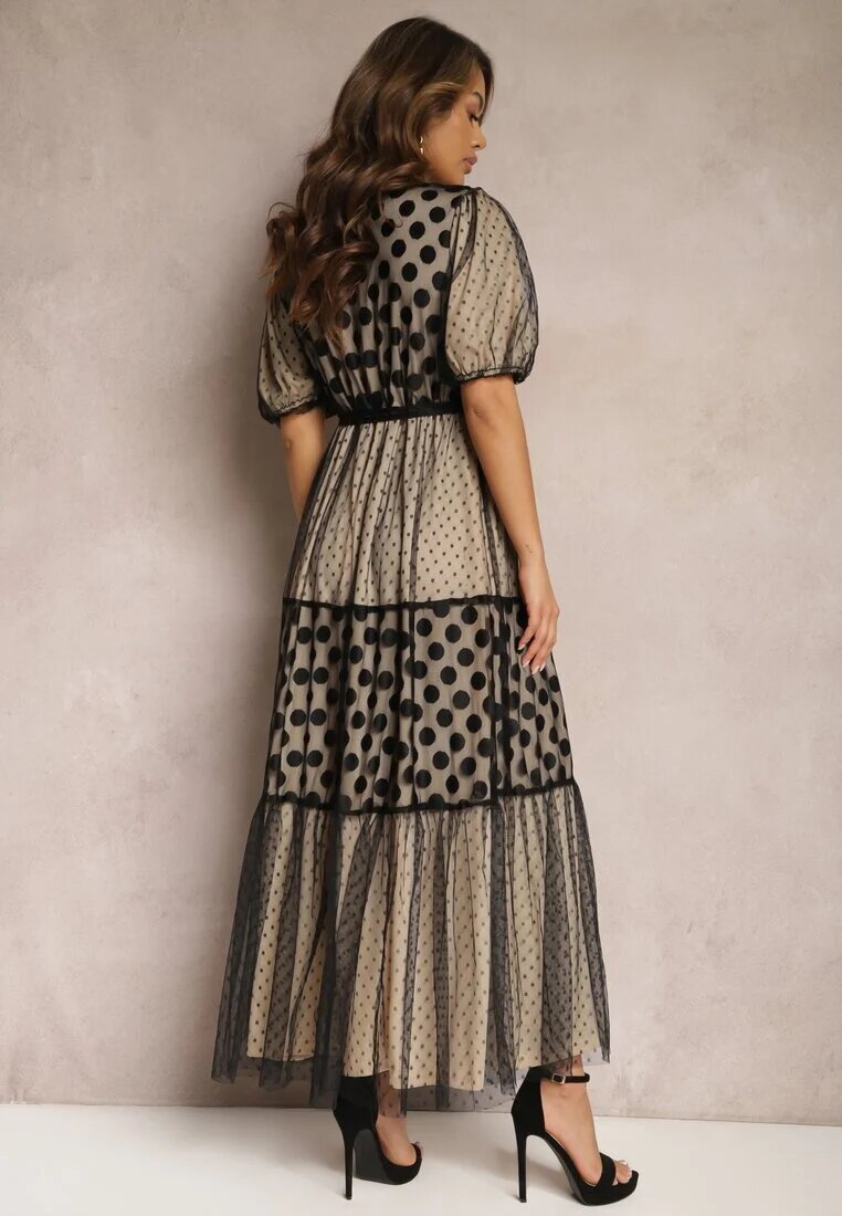 elsa.m by may Rochie Bej-Neagră Maxi De tul Cloș Cu cordon și mâneci bufante Bervilla