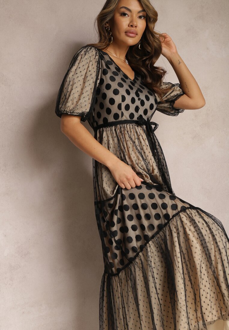 elsa.m by may Rochie Bej-Neagră Maxi De tul Cloș Cu cordon și mâneci bufante Bervilla