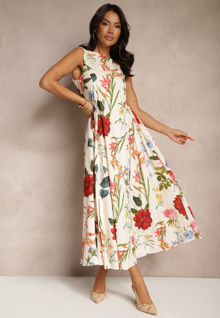 elsa.m by may Rochie bejă evazată din bumbac cu imprimeu floral Ilanis