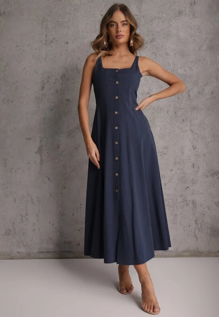elsa.m by may Rochie Bleumarin Evazată cu Vâscoză și Bumbac Decorată cu nasturi Nikippe