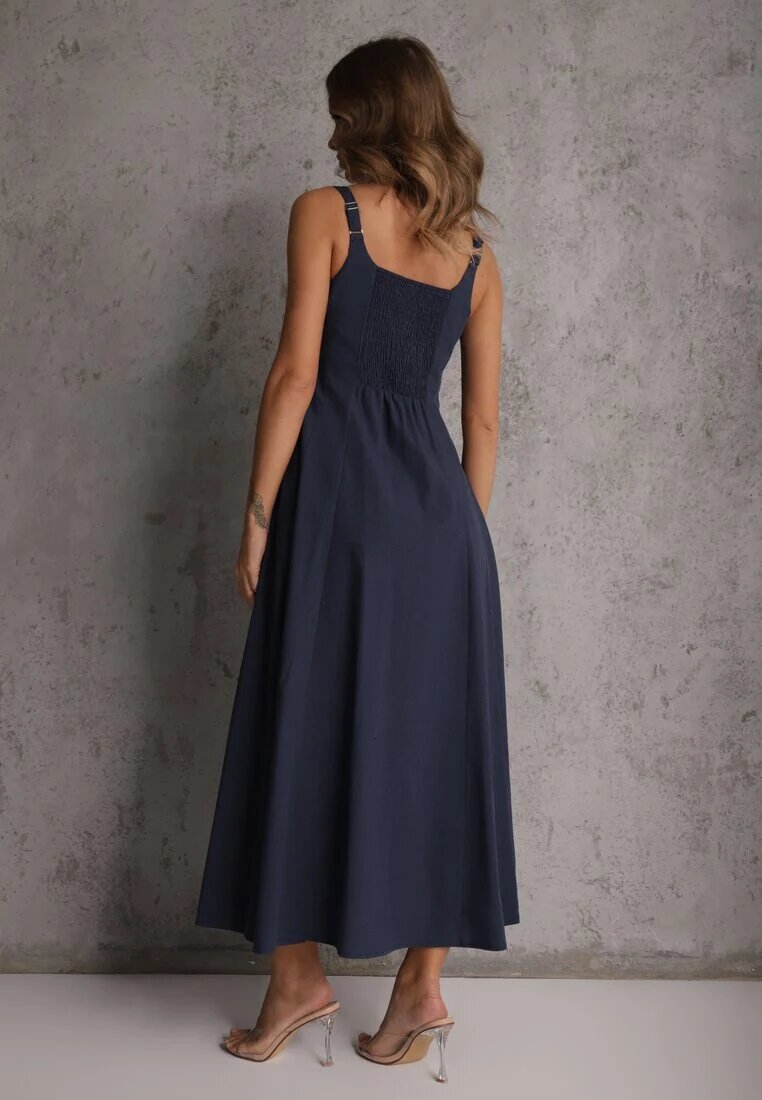 elsa.m by may Rochie Bleumarin Evazată cu Vâscoză și Bumbac Decorată cu nasturi Nikippe