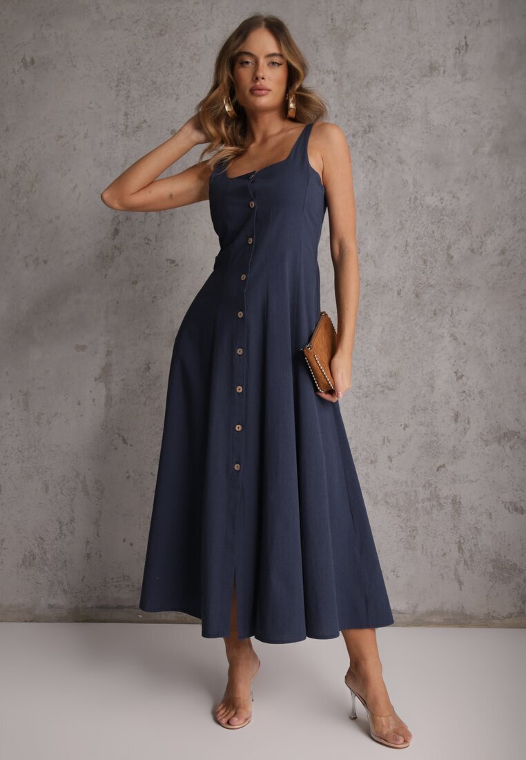 elsa.m by may Rochie Bleumarin Evazată cu Vâscoză și Bumbac Decorată cu nasturi Nikippe