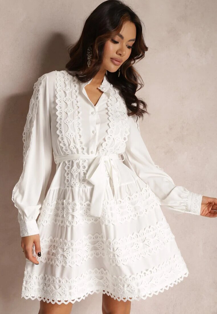 elsa.m by may Rochie Cămașă Albă cu Cordon Legat și Benzi Ajurate Deme