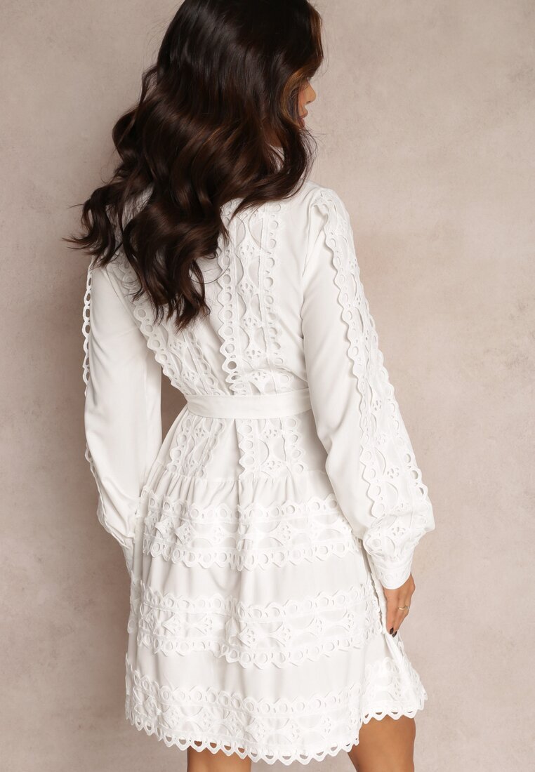 elsa.m by may Rochie Cămașă Albă cu Cordon Legat și Benzi Ajurate Deme