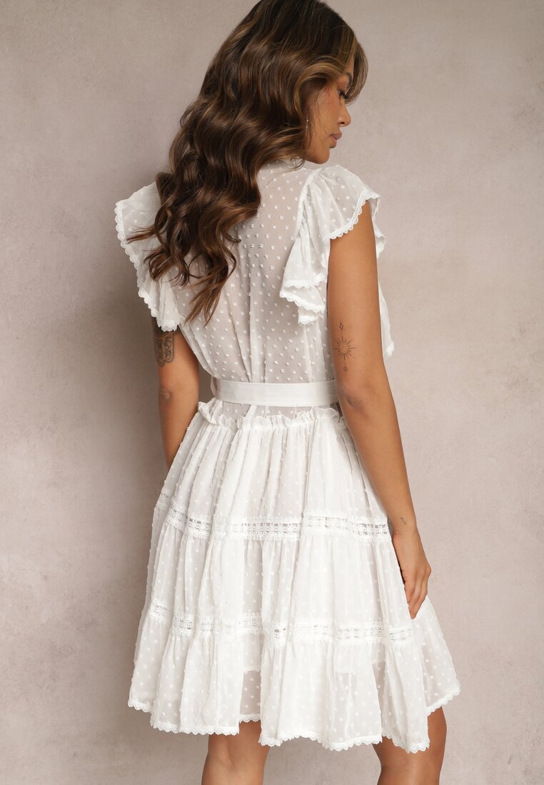 elsa.m by may Rochie Cămașă Albă de Dantelă cu Volane și Curea Legată Lucerna