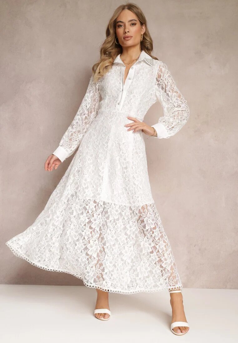 elsa.m by may Rochie Cămașă Albă Maxi cu Nasturi Decorativi și Zirconii din Țesătură din Dantelă Armina