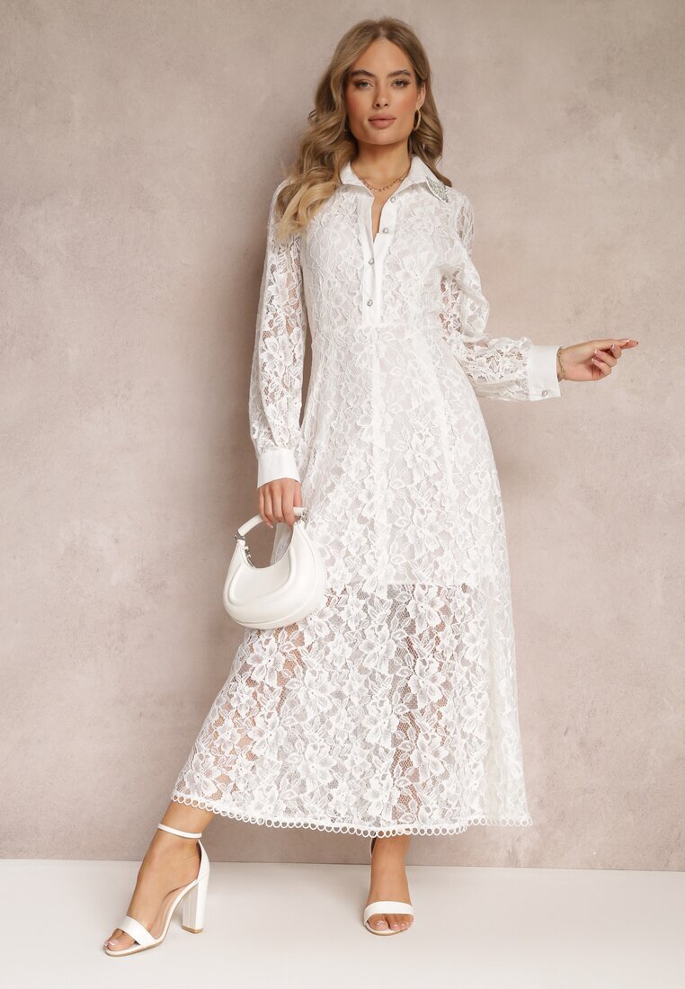 elsa.m by may Rochie Cămașă Albă Maxi cu Nasturi Decorativi și Zirconii din Țesătură din Dantelă Armina
