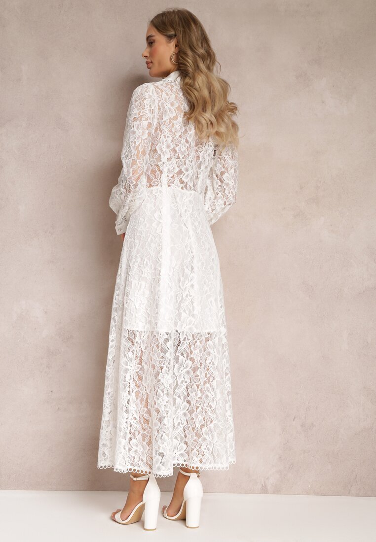 elsa.m by may Rochie Cămașă Albă Maxi cu Nasturi Decorativi și Zirconii din Țesătură din Dantelă Armina