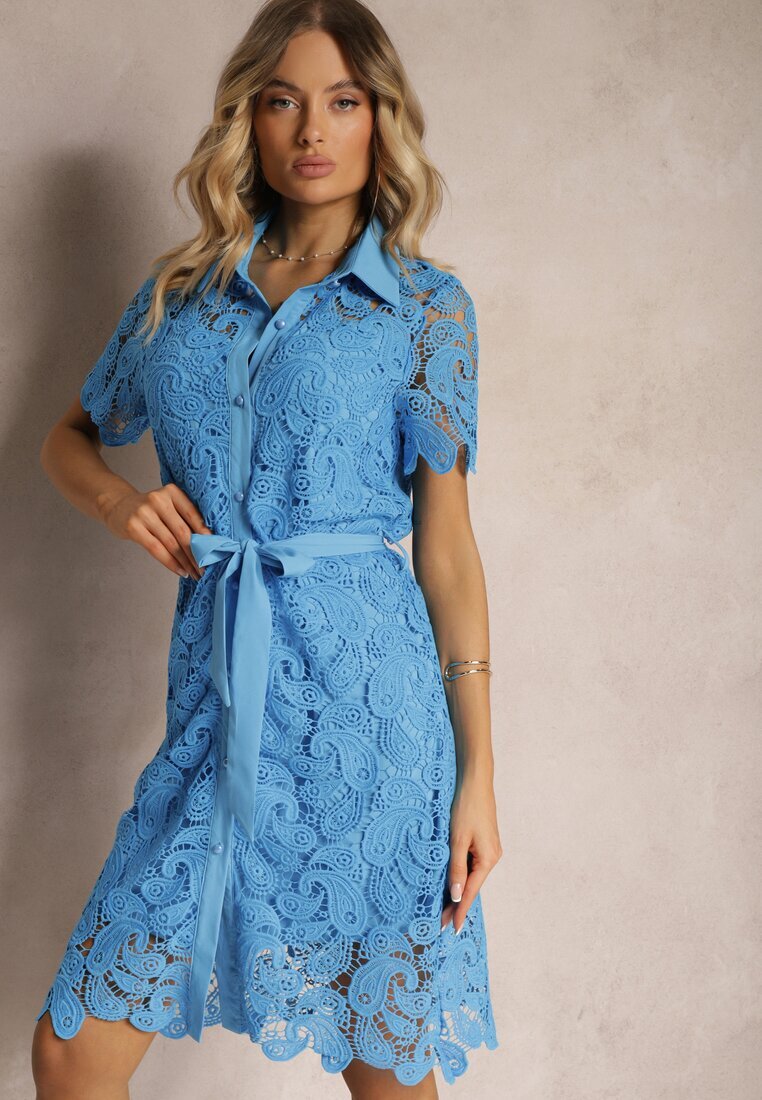 elsa.m by may Rochie Cămașă Albastră De Dantelă Midi Cu Curea Azariela