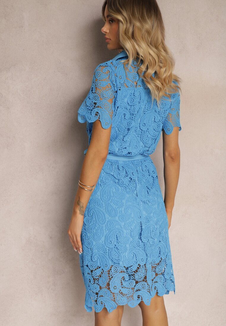 elsa.m by may Rochie Cămașă Albastră De Dantelă Midi Cu Curea Azariela