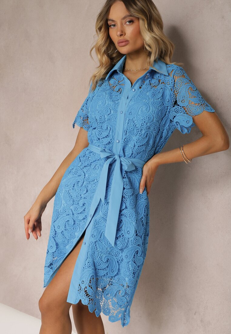 elsa.m by may Rochie Cămașă Albastră De Dantelă Midi Cu Curea Azariela