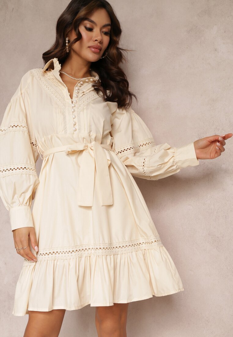 elsa.m by may Rochie cămașă Bej cu nasturi perlați și inserții din dantelă Shyanne