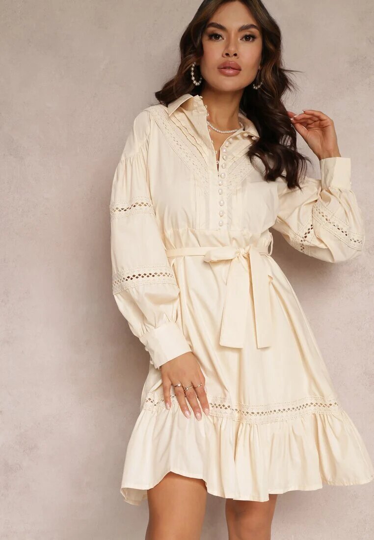 elsa.m by may Rochie cămașă Bej cu nasturi perlați și inserții din dantelă Shyanne