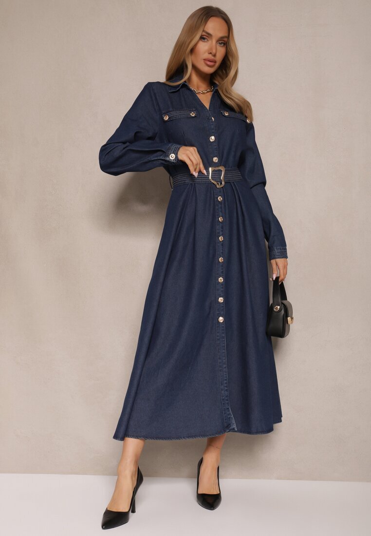 elsa.m by may Rochie Cămașă Bleu Marin din Vâscoză cu Bumbac Decorată cu o Curea Halanoria