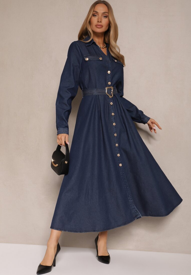 elsa.m by may Rochie Cămașă Bleu Marin din Vâscoză cu Bumbac Decorată cu o Curea Halanoria