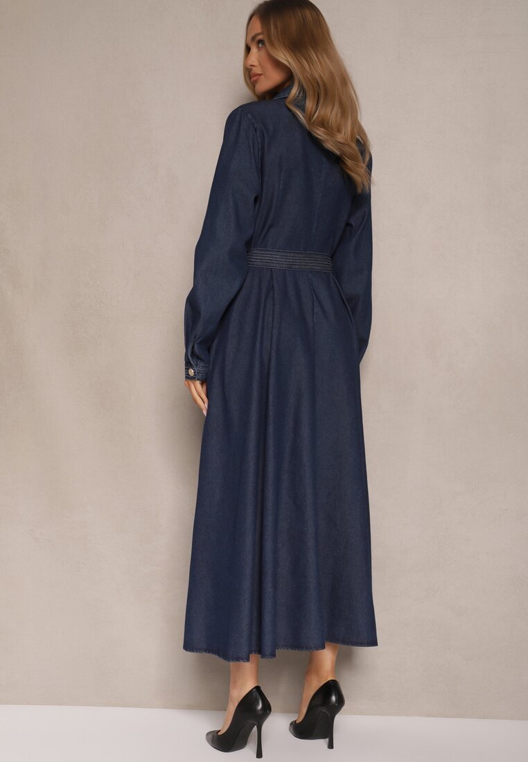 elsa.m by may Rochie Cămașă Bleu Marin din Vâscoză cu Bumbac Decorată cu o Curea Halanoria