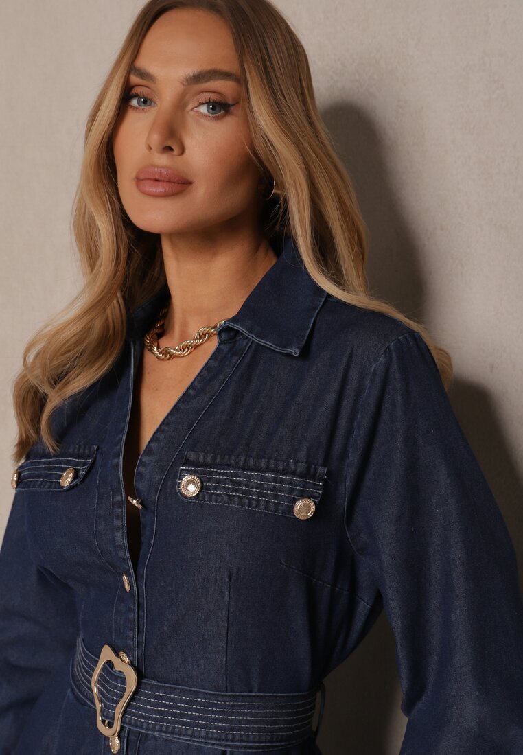 elsa.m by may Rochie Cămașă Bleu Marin din Vâscoză cu Bumbac Decorată cu o Curea Halanoria