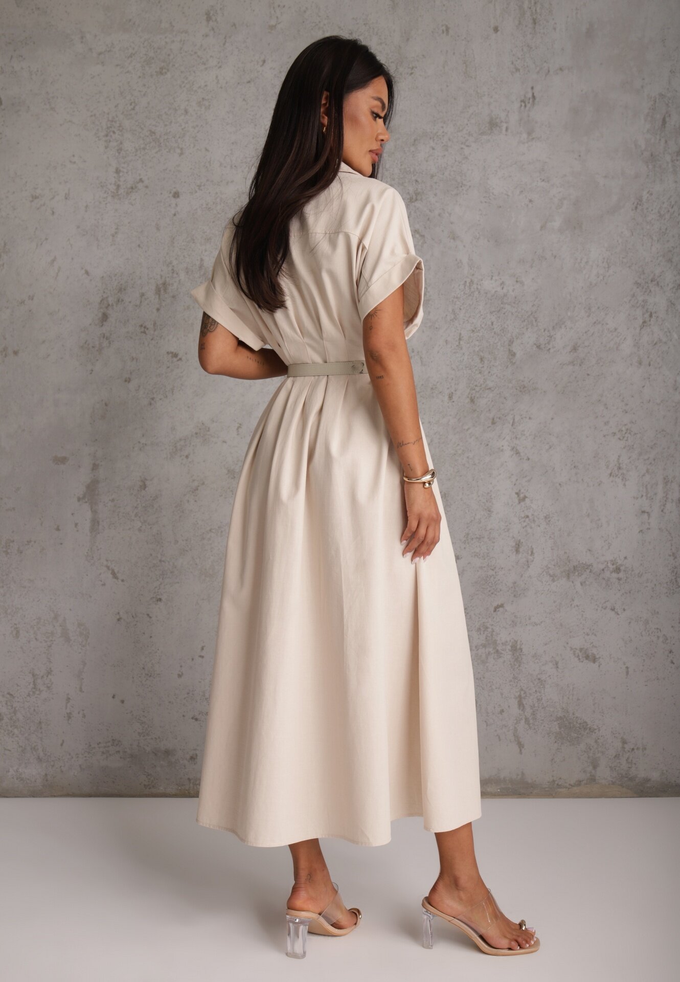 elsa.m by may Rochie-cămașă din bumbac și vâscoză cu dungă îngustă în talie Coriopis Bej deschis