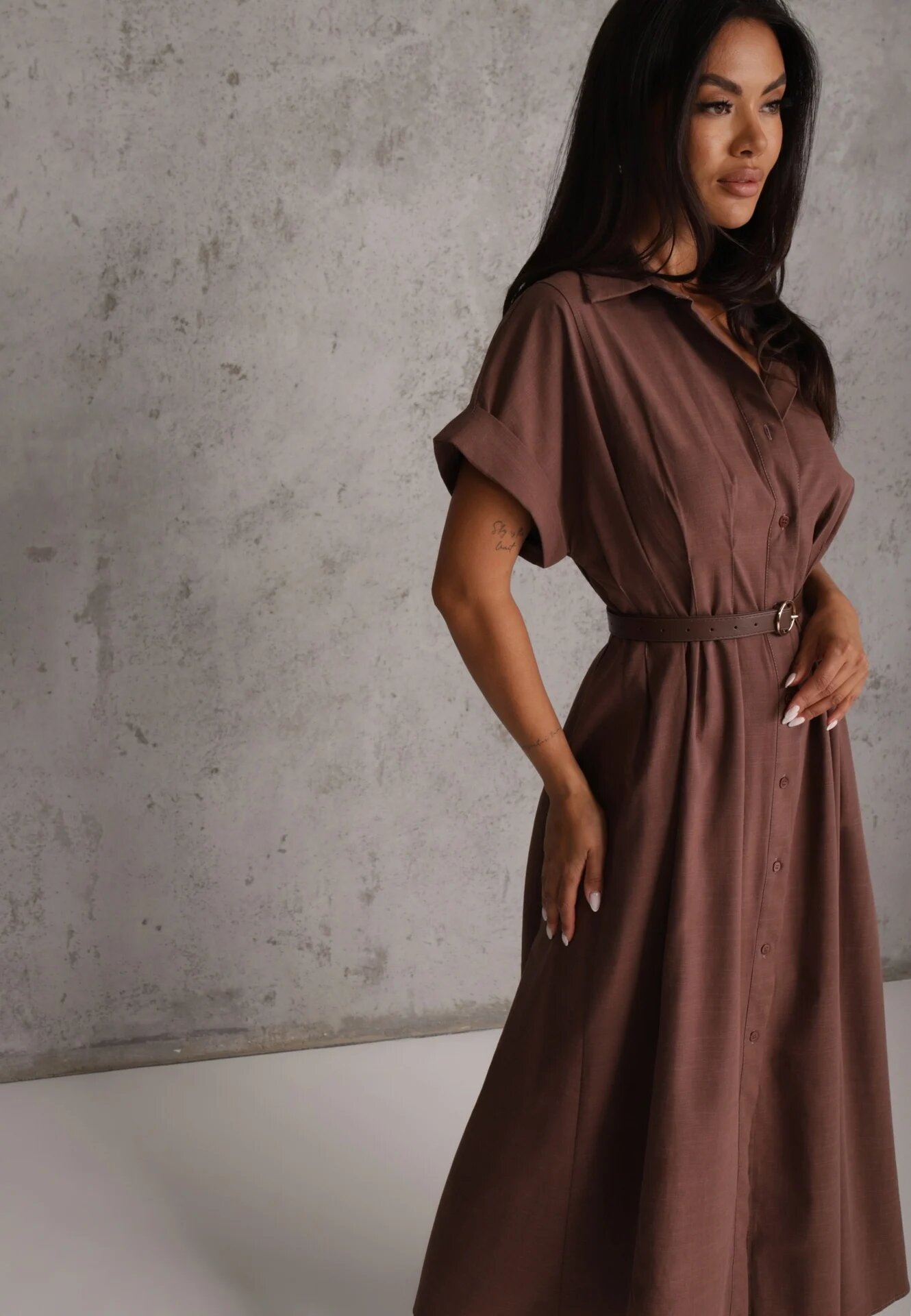 elsa.m by may Rochie-cămașă din bumbac și vâscoză cu dungă îngustă în talie Coriopis Maro