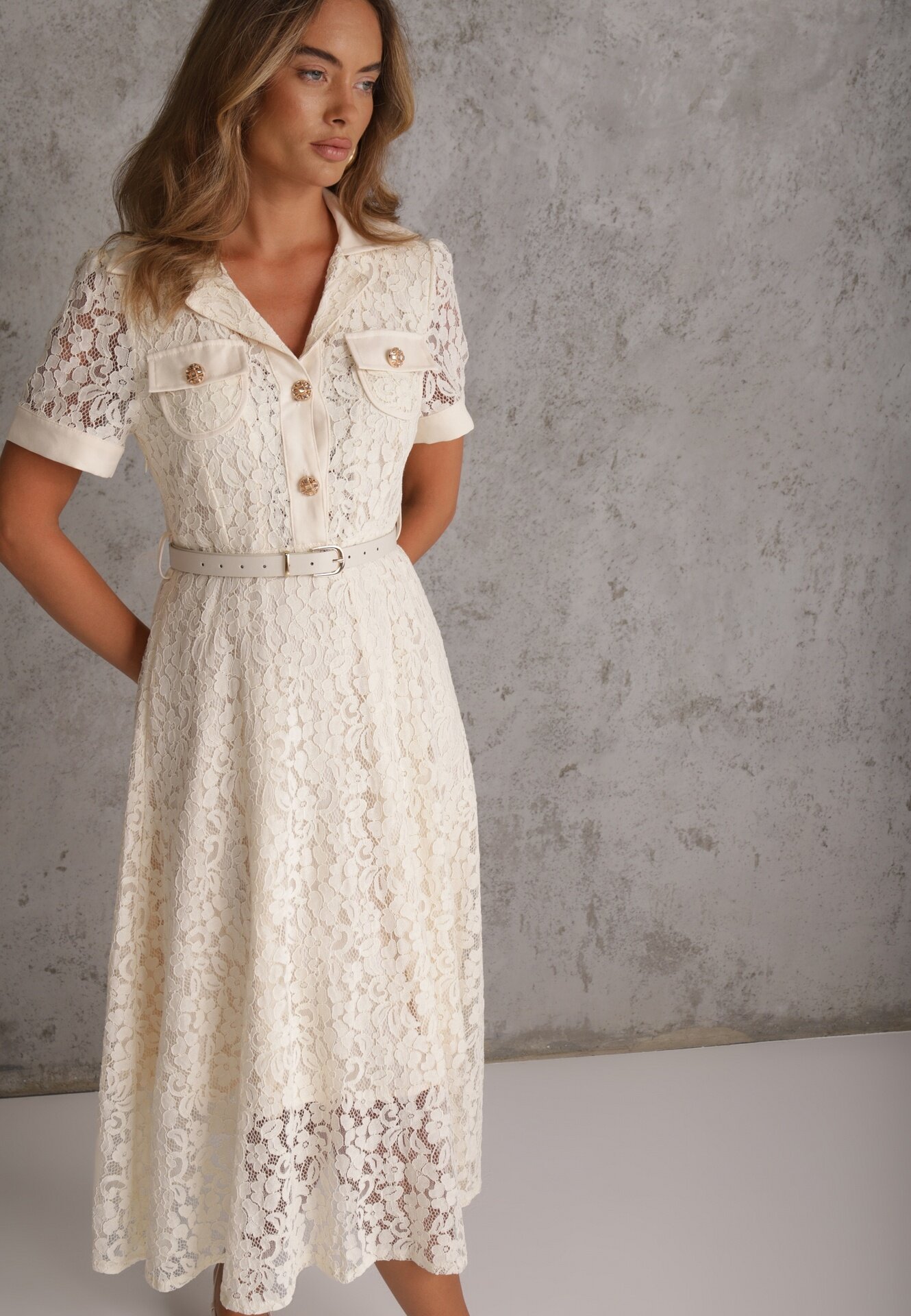 elsa.m by may Rochie-cămașă din bumbac și vâscoză din dantelă cu curea în stil retro Candida Bej