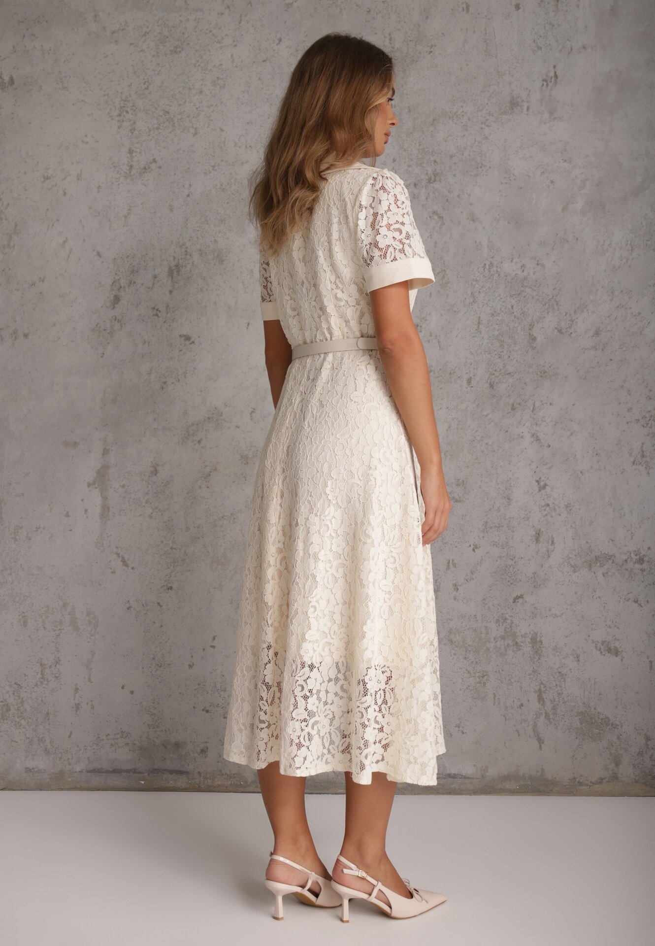 elsa.m by may Rochie-cămașă din bumbac și vâscoză din dantelă cu curea în stil retro Candida Bej