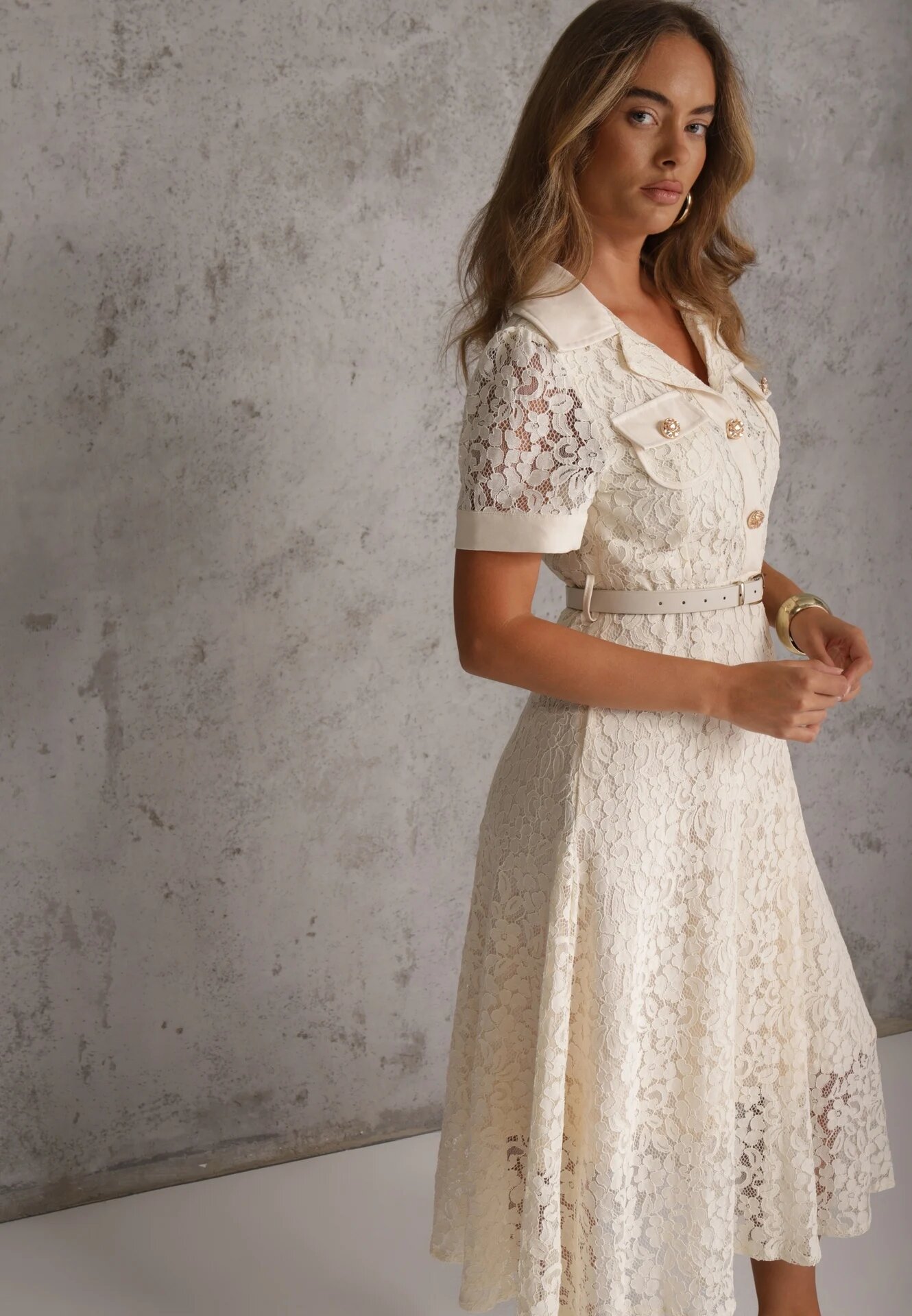elsa.m by may Rochie-cămașă din bumbac și vâscoză din dantelă cu curea în stil retro Candida Bej