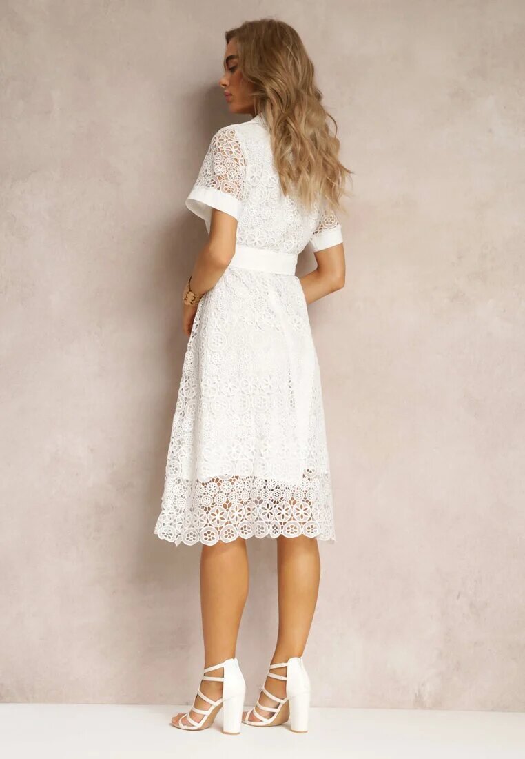elsa.m by may Rochie cămașă din dantelă albă cu mânecă scurtă și curea legată Noralia