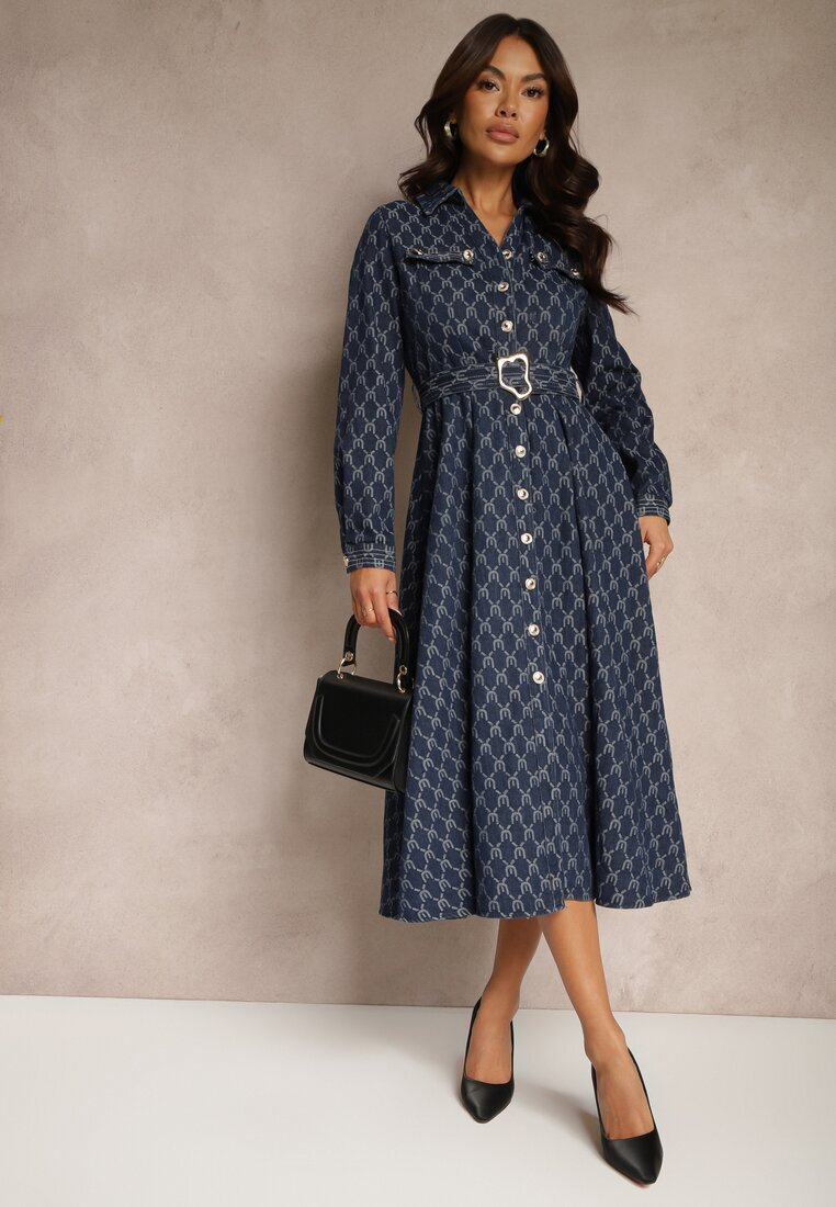 elsa.m by may Rochie cămașă evazată bleumarin cu un model elegant cu curea cu cataramă Salithora