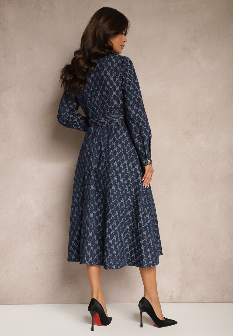 elsa.m by may Rochie cămașă evazată bleumarin cu un model elegant cu curea cu cataramă Salithora