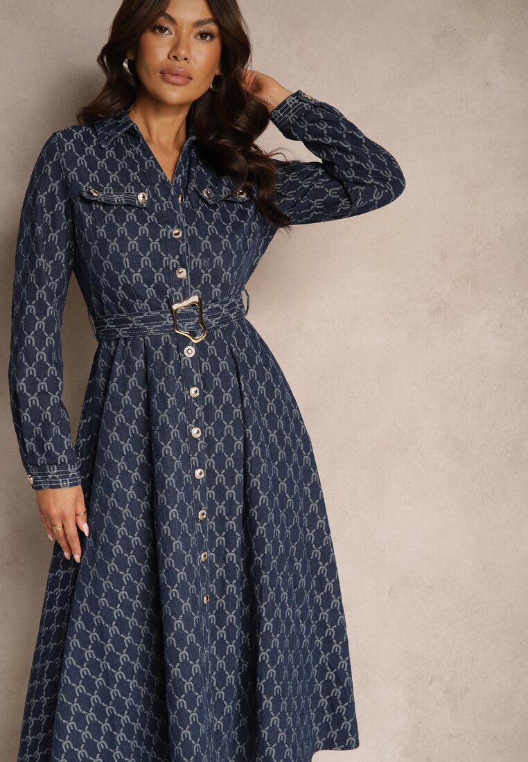 elsa.m by may Rochie cămașă evazată bleumarin cu un model elegant cu curea cu cataramă Salithora