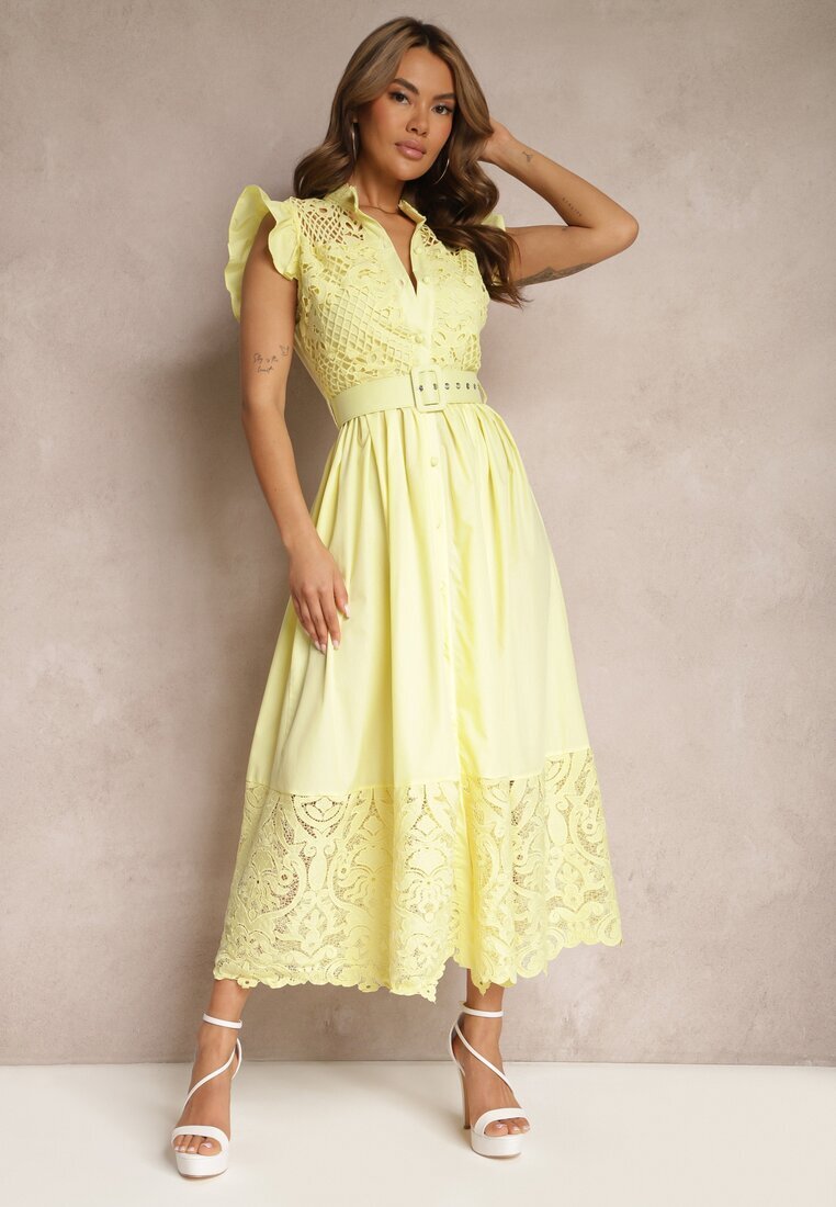 elsa.m by may Rochie Cămașă Galbenă cu decor ajurat și curea cu cataramă dreptunghiulară Trika
