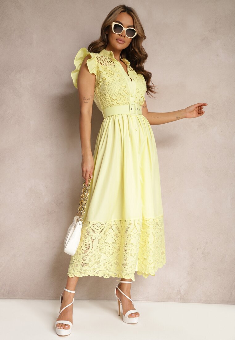 elsa.m by may Rochie Cămașă Galbenă cu decor ajurat și curea cu cataramă dreptunghiulară Trika