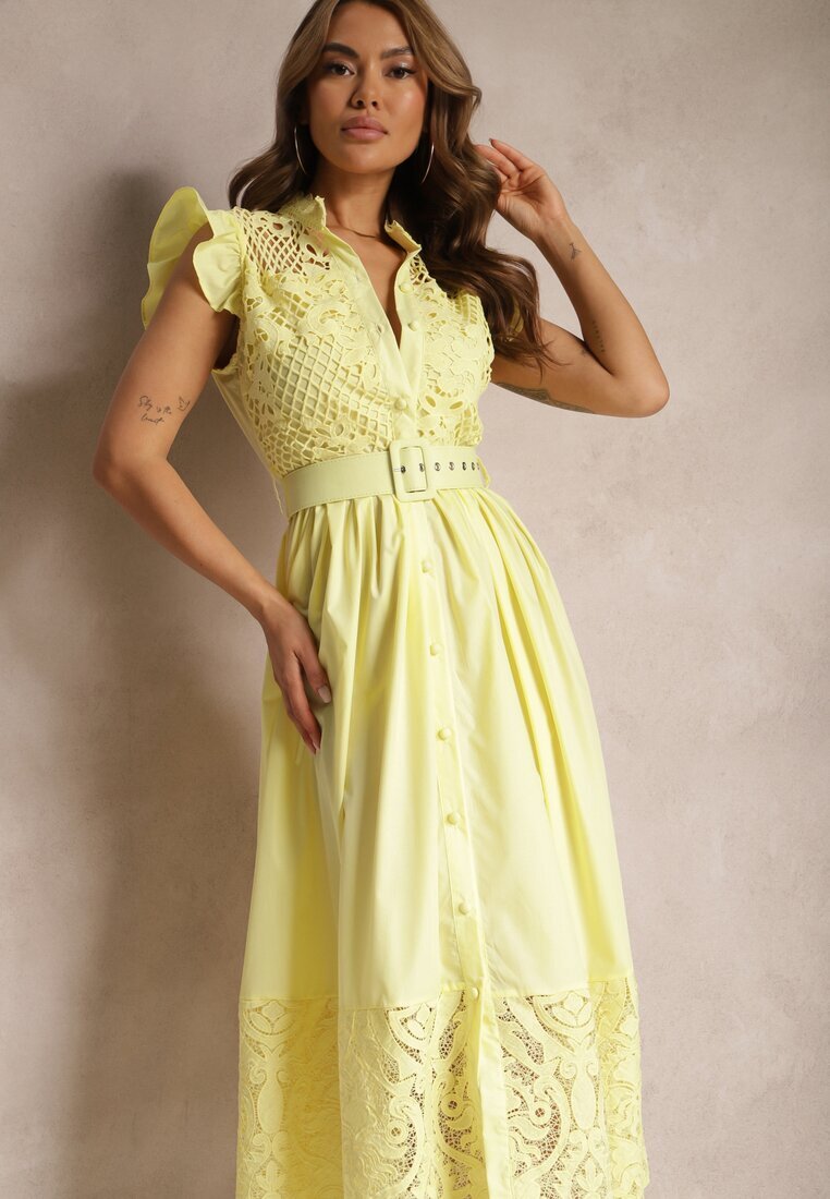 elsa.m by may Rochie Cămașă Galbenă cu decor ajurat și curea cu cataramă dreptunghiulară Trika