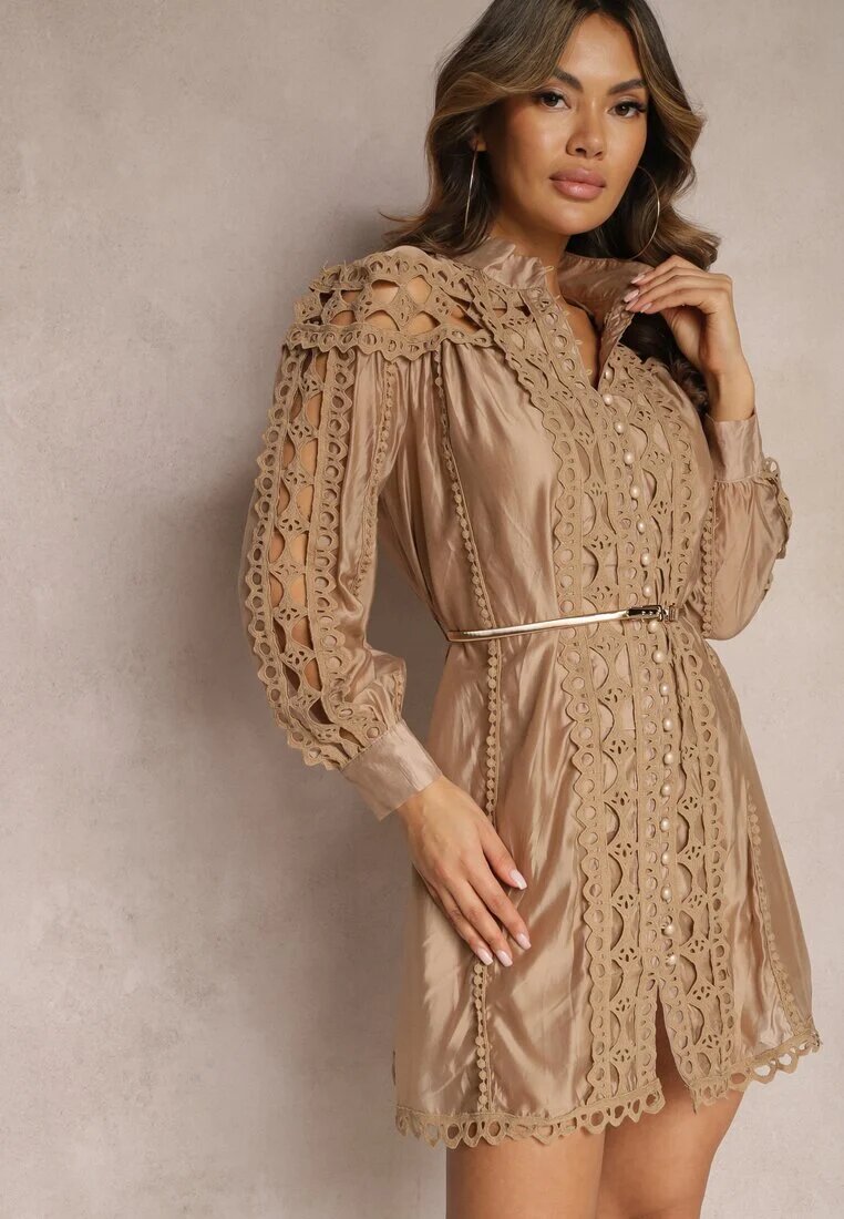 elsa.m by may Rochie-cămașă Mini Bej cu curea în stil vintage Butafa