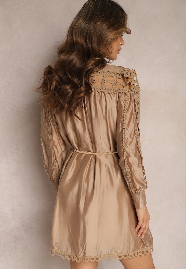 elsa.m by may Rochie-cămașă Mini Bej cu curea în stil vintage Butafa