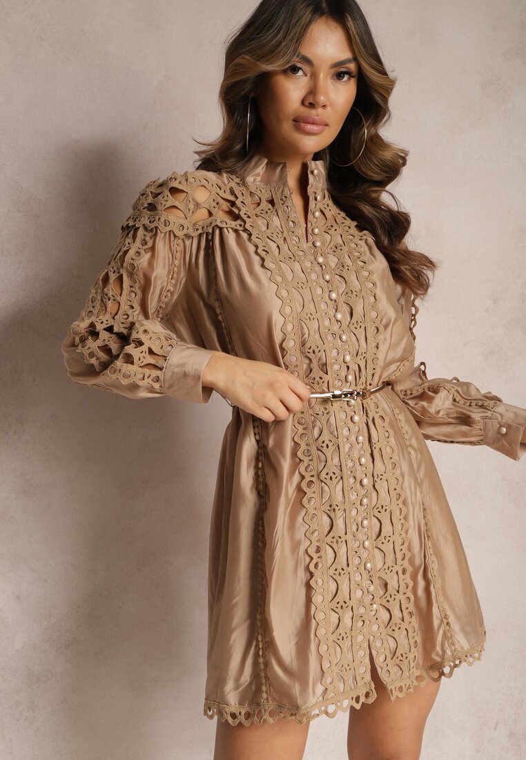 elsa.m by may Rochie-cămașă Mini Bej cu curea în stil vintage Butafa