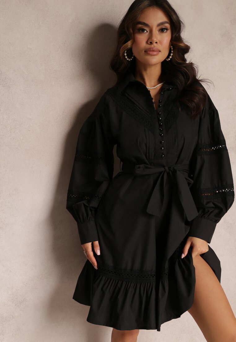 elsa.m by may Rochie cămașă Neagră cu nasturi perlați și inserții din dantelă Shyanne