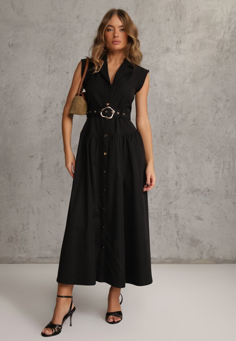 elsa.m by may Rochie Cămașă negră Fără Mâneci cu Cordon și Cataramă Metalică Thespiphia