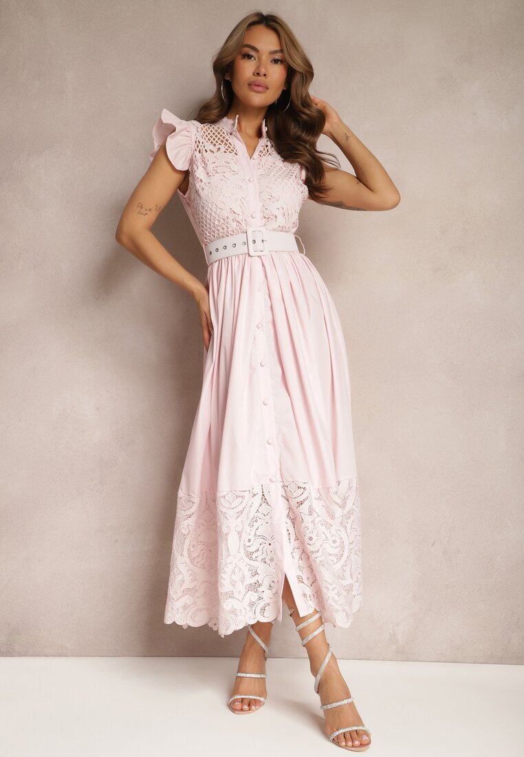elsa.m by may Rochie cămașă Roz cu Broderie Ajurată și Curea cu Cataramă Dreptunghiulară Trika
