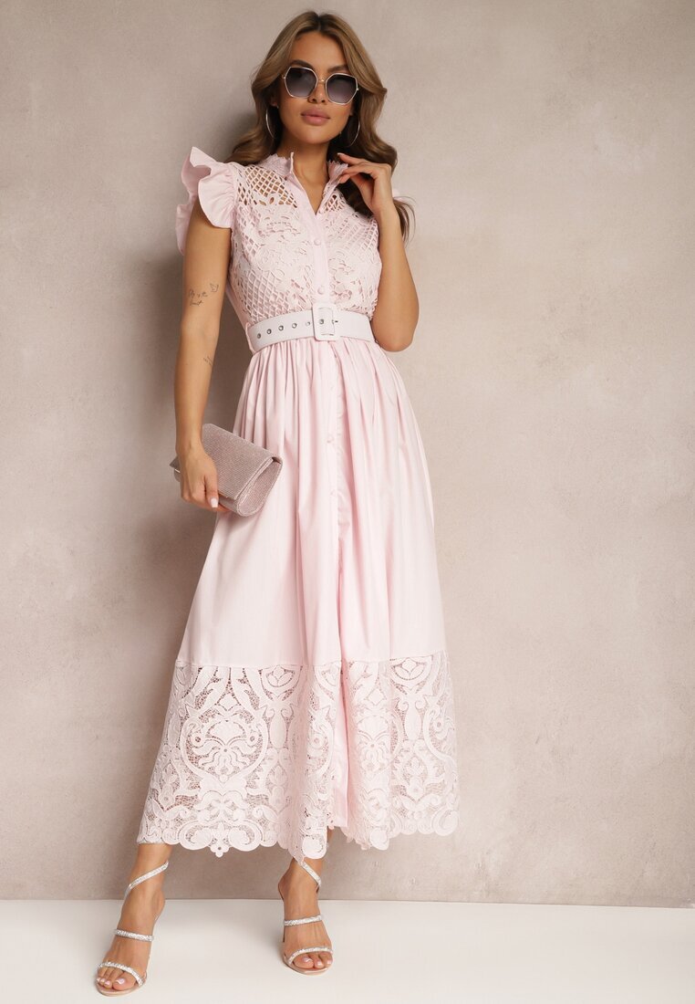 elsa.m by may Rochie cămașă Roz cu Broderie Ajurată și Curea cu Cataramă Dreptunghiulară Trika