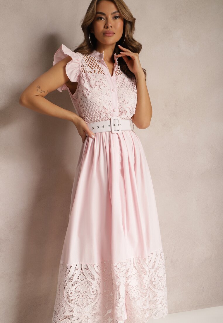 elsa.m by may Rochie cămașă Roz cu Broderie Ajurată și Curea cu Cataramă Dreptunghiulară Trika