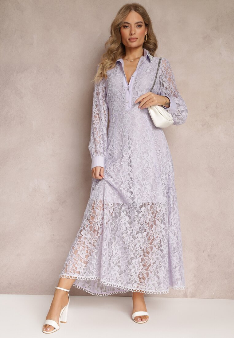 elsa.m by may Rochie Cămașă Violetă Maxi cu Butoane Decorative și Zirconii din Țesătură de Dantelă Armina