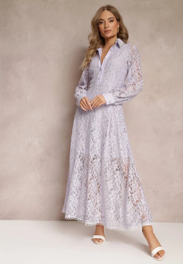 elsa.m by may Rochie Cămașă Violetă Maxi cu Butoane Decorative și Zirconii din Țesătură de Dantelă Armina