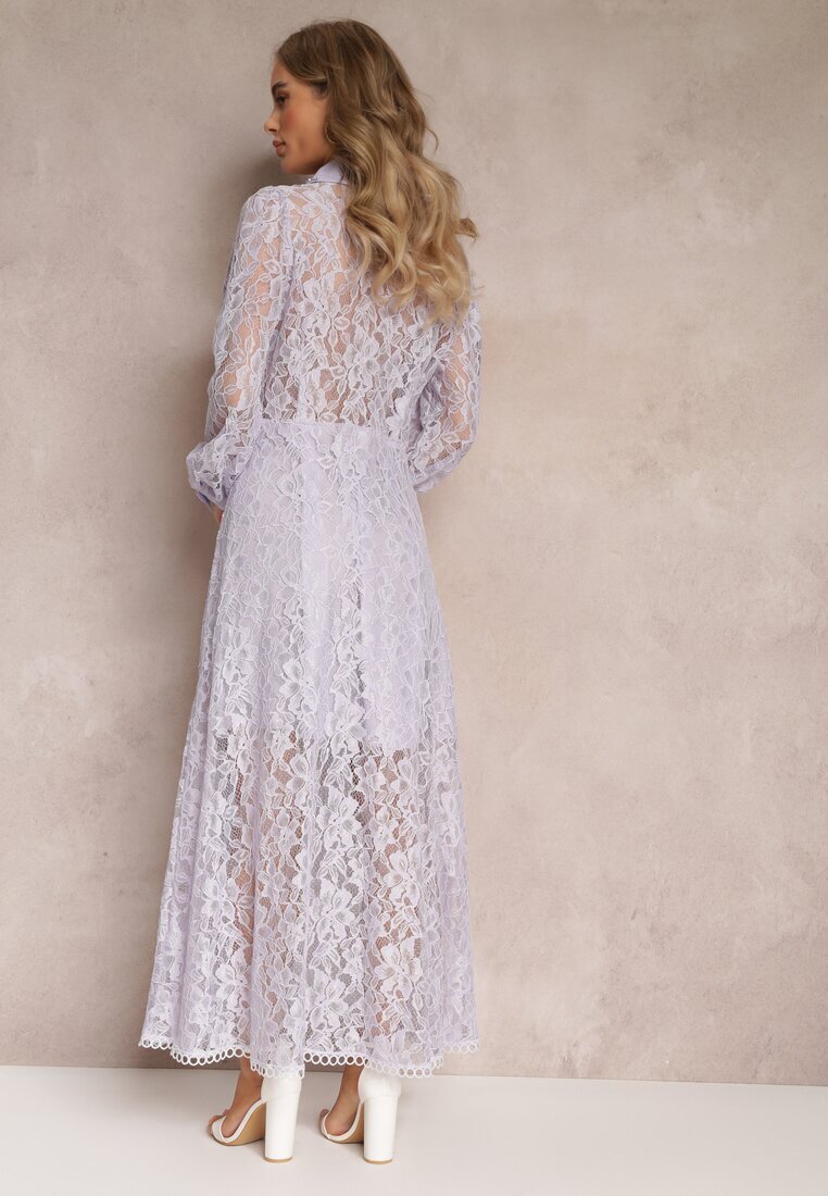 elsa.m by may Rochie Cămașă Violetă Maxi cu Butoane Decorative și Zirconii din Țesătură de Dantelă Armina